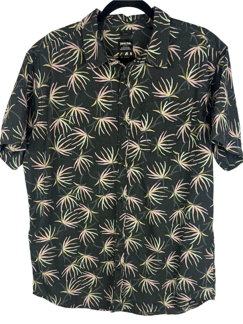 prAna Mens Large Slim Fit Tropical Palm Short Sleeve Button Down Shirt Charcoal
